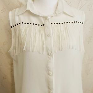 Sheer fringe sleeveless button up shirt